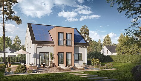 Einfamilienhaus Home 10 mit Satteldach von allkauf, Ansicht Garten am Tag mit Solaranlage