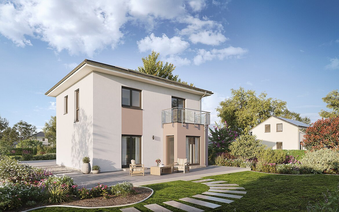  Einfamilienhaus Home 2 von allkauf 2-geschossig mit Walmdach, Ansicht Garten am Tag