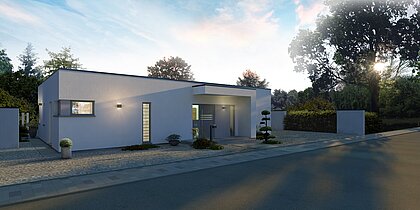 Rendering Flachdach-Bungalow Lifetime 5 von allkauf mit knapp 150 m², Vorderansicht in der Dämmerung mit Variante Flachdach