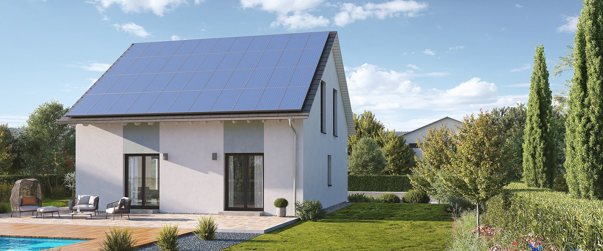 Einfamilienhaus Home 11 mit Satteldach von allkauf, Ansicht Garten am Tag